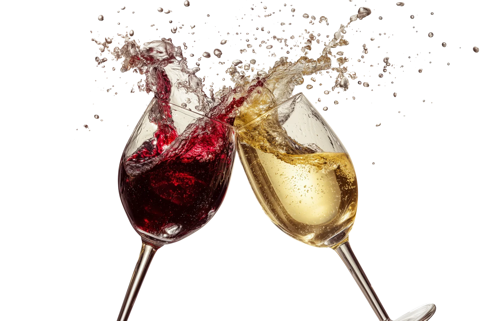 A glass of red wine and a glass of white wine caught mid-toast, both splashing